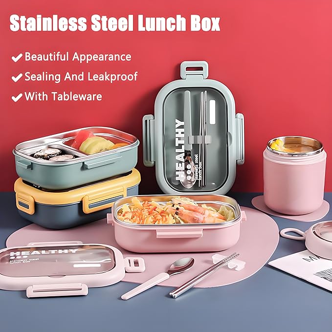 Stainless Steel Lunch Box, 2 Compartment Bento Box for Adults, Easy to Clean, Leak-Proof Design, Food Storage Container with Tableware for Family, Work, Picnics and Travel(800ml, Pink)