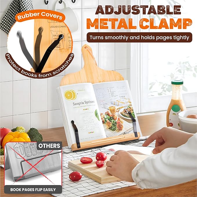[Upgraded] Adjustable Bamboo Cookbook Stand with 7-Angles, Conversion Chart, Page Grips, Recipe Cookbook Holder for Kitchen Counter, Kitchen Book Stand for Cookbook, Textbook, Tablet, Gift for Women