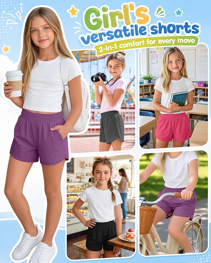 4 Pack Girls Athletic Shorts 2 in 1 Quick Dry High Waist Tween Shorts with Liner Kids Back to School Running Shorts