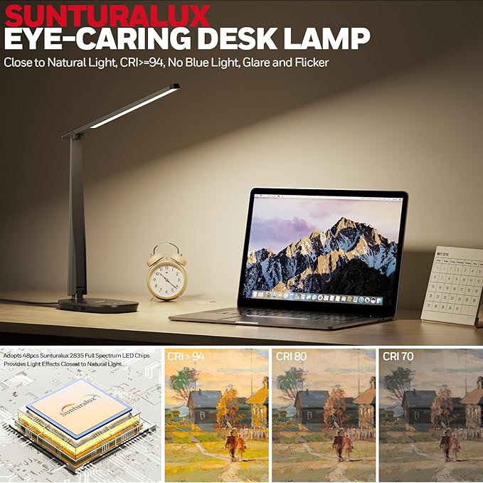 Honeywell LED Desk Lamp for Home Office, Eye-Caring Dimmable Reading Light with 4 Color Modes, Touch Control, USB-A & USB-C Charging Ports, Adjustable Head, Timer for Bedroom & Small Desks