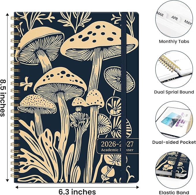 Planner 2026-2027, Monthly and Weekly Academic Planner July 2026 - June 2027, Hardcover Student Teacher Planning Agenda Calendar Book with Tabs, Perfect for Office School Supplies, A5 (6.3" x 8.5") - Mystic Mushrooms