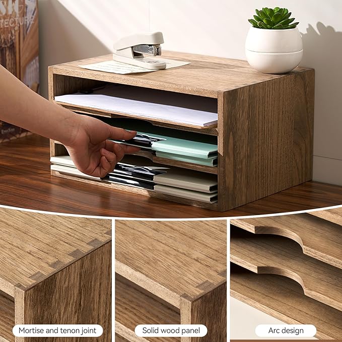 KIRIGEN Wooden Desktop Organizer, 3 Tier Solid Wood Letter Tray and Paper File Sorter for Desk, Freestanding Office Document Holder for Mail, Magazines, Folders, 13.78 x 9.45 x 7.08 in Brown 3KWJG-DBR