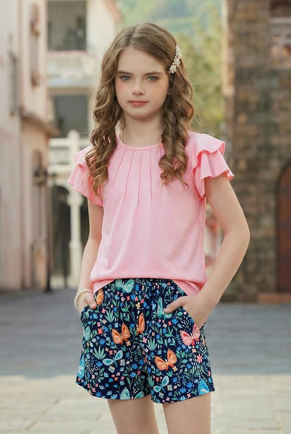 Arshiner Girls 2 Piece Outfits Summer Ruffle Sleeve Top and Paperbag Waist Shorts Set with Pockets Size 5-13 Years