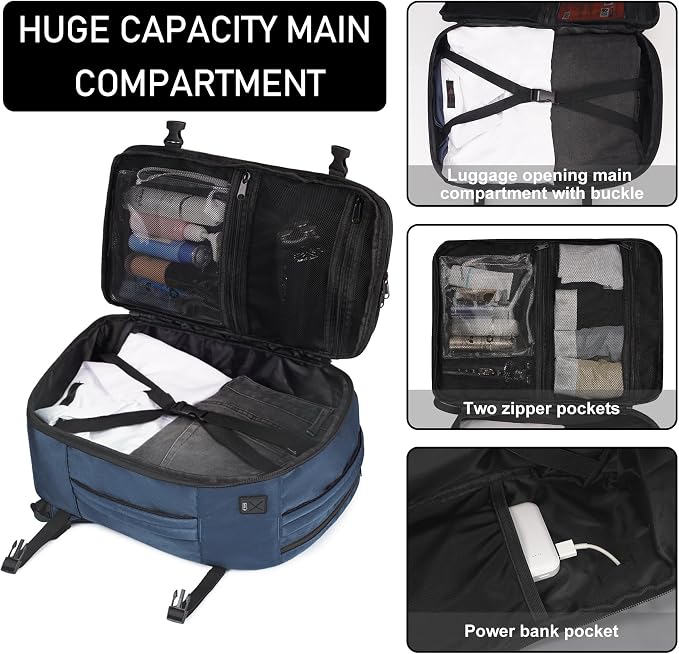 ECOHUB Travel Backpack 18x14x8 Frontier Airlines Personal Item Bag Blue | Carry On Backpack with 13 Pockets, Casual Daypack for Men Women Airline Approved Water Resistant Back pack with Charging Port