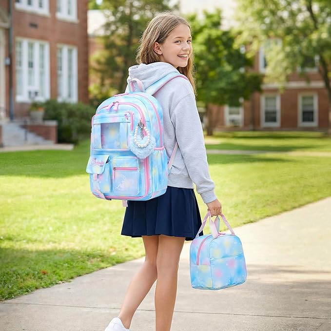 Alrisg Girls Backpack for Kids Elementary Middle School Cute Student Bookbag School Bag Blue Set