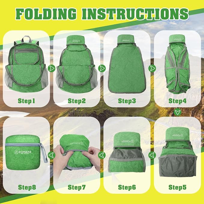ZOMAKE Lightweight Packable Backpack, 10L Small Foldable Daypack for Hiking | Water Resistant Collapsible Backpacks for Women Men, Everyday Carry,Multi Compartment Storage,Adjustable Strap(Dark Green A5)