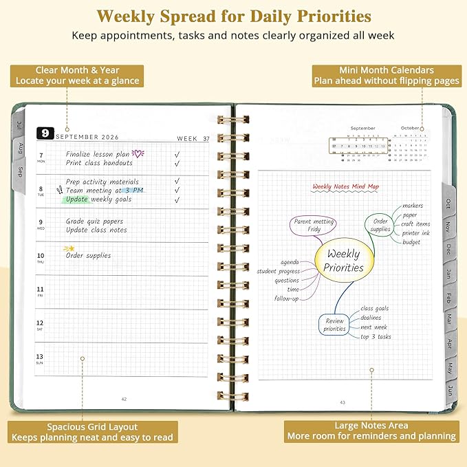 JoyCat 13-Month Academic Planner 2026-2027, June 2026 - June 2027, A5 Weekly & Monthly Planner, Hardcover Agenda with Tabs, 5 Sticker Sheets, Elastic Closure & Pocket for Teachers & Students, 6.3" x 8.5", Green