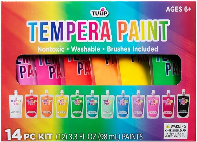 TULIP Washable Tempera Paint Pouches 12-Pack, Art & Craft Supplies, Non-Toxic, Quick Dry Paint, Easy Squeeze for Kids, 12 Rainbow Colors, 6+
