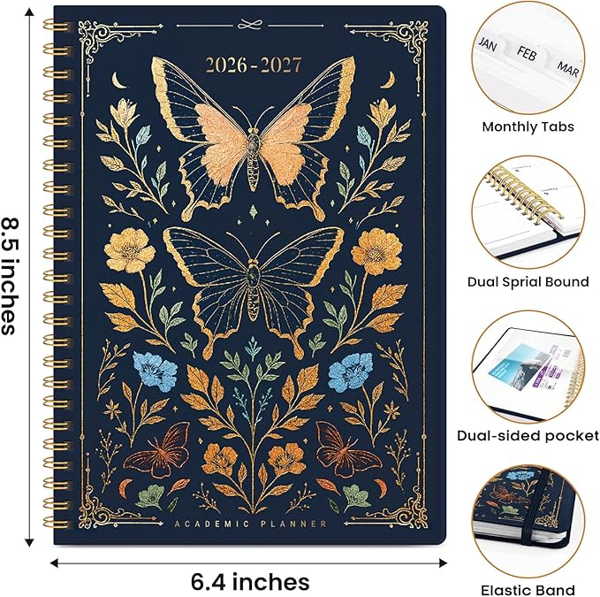 Academic Planner 2026-2027, Weekly and Monthly Calendar Book, July 2026 – June 2027, Hardcover Planner with Tabs, Perfect for Teachers, Students, Women & Men, A5 (6.4" x 8.5") - Golden Butterfly