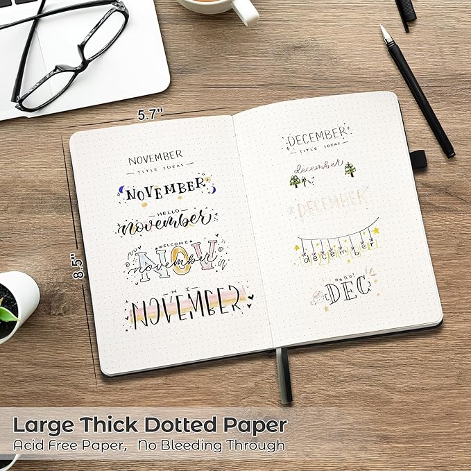 Dotted Journal, Hardcover Notebook, Dot Grid Notebook Journal for Women, Men, Large Leather Journals for Writing, Bullet, No Bleed Thick Paper, A5 Notebooks for Work, School, Notes, 5.7"x8.5", Black