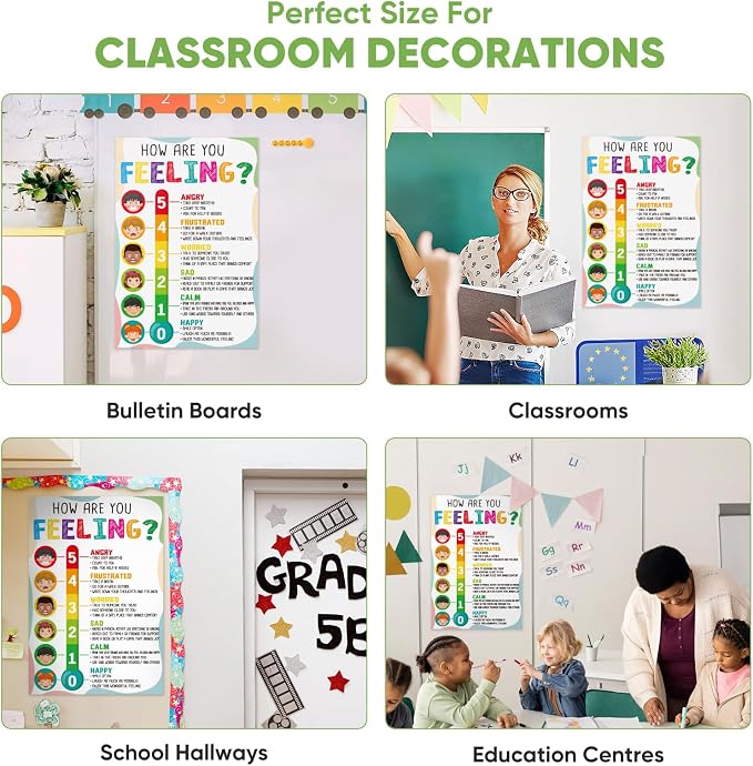 FaCraft Feelings Chart Poster for Kids Toddlers - Laminated Emotions Chart Boho Learning Educational Posters for Preschool Kindergarten Classroom Bulletin Board Decorations Teacher Back to School