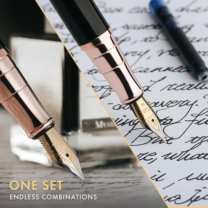 Wordsworth & Black Fountain Pen Set, 18K Gilded Medium and Extra Fine Nib, 25ML Black Bottle, 6 Ink Cartridges, Refill Converter, Smooth Writing Pens [Black Rose Gold], Gift Set for Men and Women