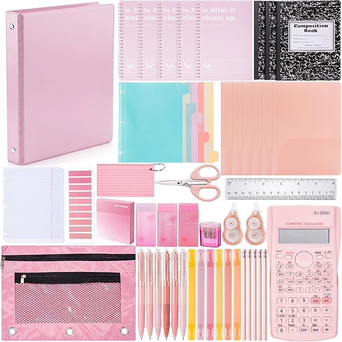 Eersida 117 Pcs Middle High School College Bundle Supplies Kit, Back to School Essentials, Includes Folders, Notebooks, Tab Dividers, Pencils, Highlighters, Calculator & More(Pink)
