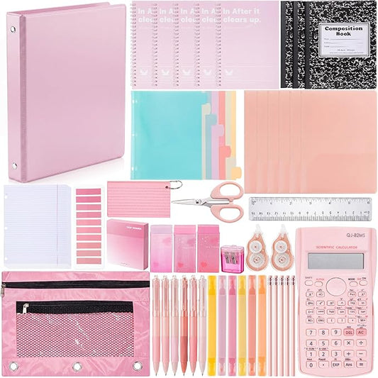 Eersida 117 Pcs Middle High School College Bundle Supplies Kit, Back to School Essentials, Includes Folders, Notebooks, Tab Dividers, Pencils, Highlighters, Calculator & More(Pink)