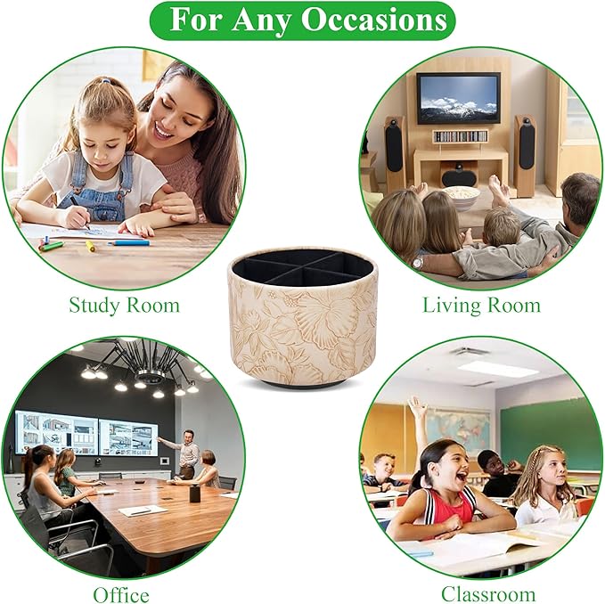 Round Leather Art Supply Organizer,Remote Control Holder,360 Degree Spinning,Multi-Functional Pencil Holder,4 Compartments Desktop Stationary Organizer(1-Carved Light Brown)