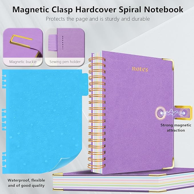 Hardcover Spiral Notebook College Ruled, 6.2"x 8.2" Leather Journal Notebook with Magnetic Closure, 300 Pages 5 Subject Notebook with Dividers Tabs Journal for Women Men, Work, School(Lavender Purple)