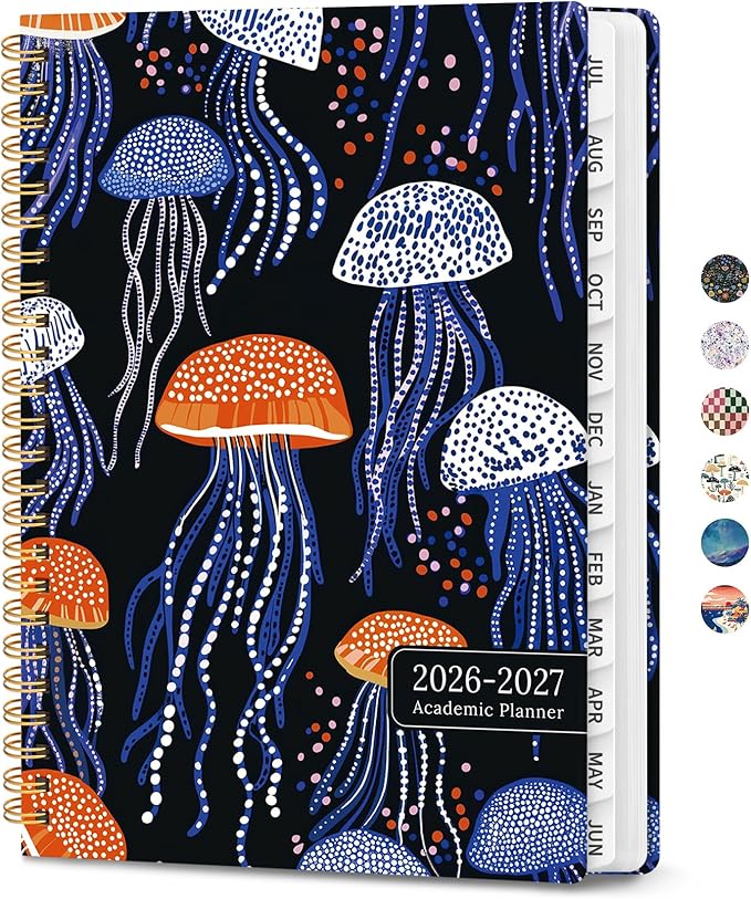 Planner 2026-2027, Academic Planner Weekly and Monthly, Jul 2026 - Jun 2027, Spiral Bound School Planning Tool with Tabs and Pocket, Perfect for Students & Teacher, 6.3" x 8.5", Jellyfish Waltz