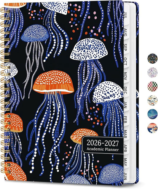 Planner 2026-2027, Academic Planner Weekly and Monthly, Jul 2026 - Jun 2027, Spiral Bound School Planning Tool with Tabs and Pocket, Perfect for Students & Teacher, 6.3" x 8.5", Jellyfish Waltz