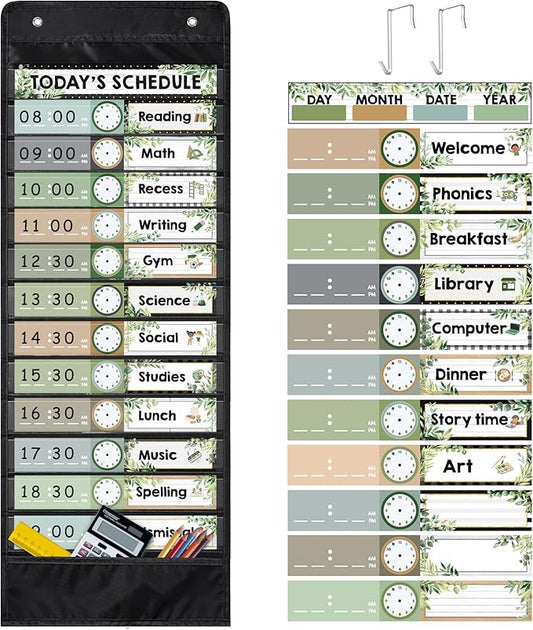 Daily Schedule Pocket Chart for Classroom, 13+1 Pockets with 42 Designed Schedule Cards, Farmhouse Greenery Classroom Kids Daily Schedule Pocket Chart for Home Back to School Classroom Decorations