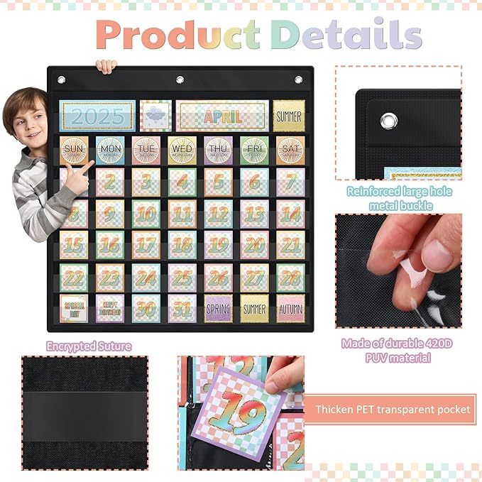 119 Pcs Classroom Calendar Pocket Chart Black Monthly Bulletin Board Set Seasons Festival Weather Farmhouse Calendar Set for Classroom Decoration Back to School Supplies(Pastel Checkerboard)