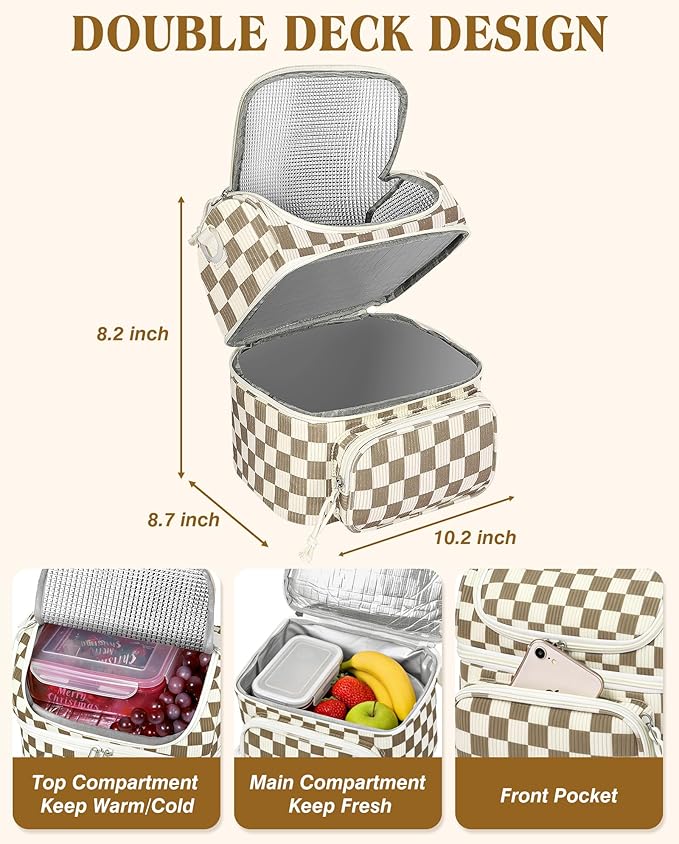 HowFly Lunch Bag for Women Insulated Lunch Boxes Corduroy Resuable Lunch Box for Girls Teens Kigs Boys Portable Thermal Cooler Bags for School Work, Khaki Checkered