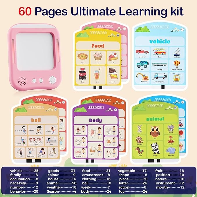 Interactive Learning Tablet for Kids, Educational Talking Toy with with 30 Flash Cards for Alphabets, Phonics, Words, Music & Quiz, Best Learning Toy for Ages 2-5, Birthday Gift for Boys&Girls, Pink