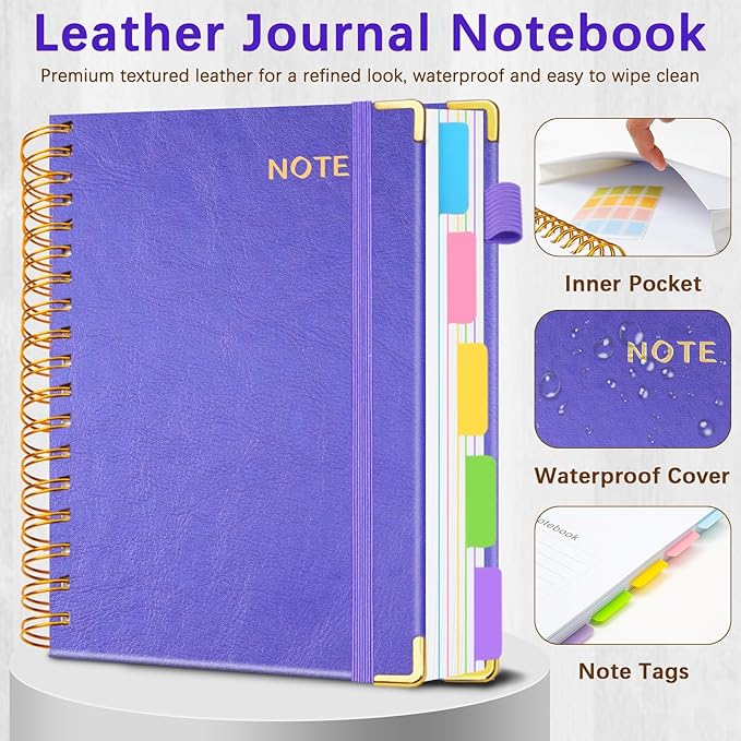 Hardcover Spiral Notebooks for Work 6.2"x 8.2", 300 Pages 5 Subject Notebook with Dividers & Tabs, A5 Spiral Journal for Women, College Ruled Notebook for School Note-Taking (Purple)