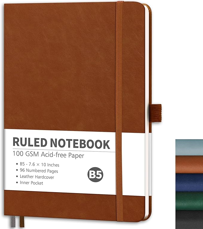 RETTACY Lined Journal Notebook, 96 Numbered Pages, B5 Medium Size (7.6'' x 10''), for Men & Women, Journaling, Writing, Work & Office, Leather Hardcover, 100 GSM Thick Paper (Brown)