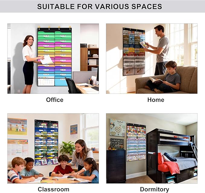 ABCxGOOD 20 Pockets Hanging Wall File Organizer, Transparent Clear Pockets Storage Chart with Over Door Hooks for Office, Classroom & Home, File Folder & Paper Organizer, Includes Labels (20 Pockets)