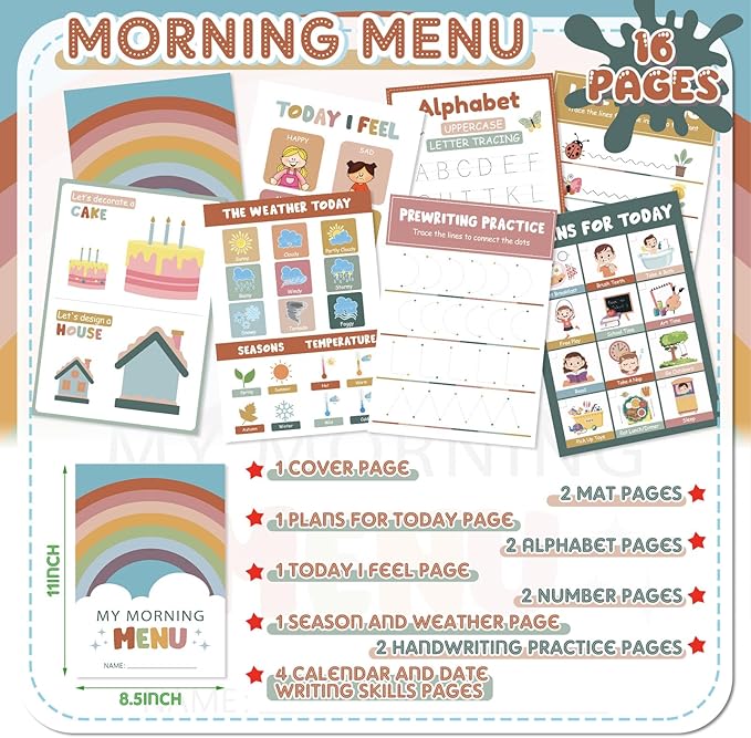 Fuyoooo Homeschool Morning Menu Kit for Preschool Learning – 16 Educational Posters & 2 Menu Covers for Toddlers and Kids, Daily Learning Activities for Homeschool Classroom(Morandi Color)