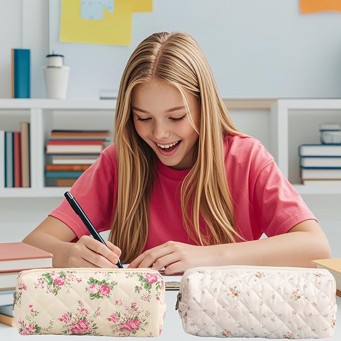 Carry bloom Pencil Pouch Cute Pencil Case for Girls Aesthetic Pencil Bag with Zipper Pen Cases School Supplies Makeup Bag (Bow ribbon)