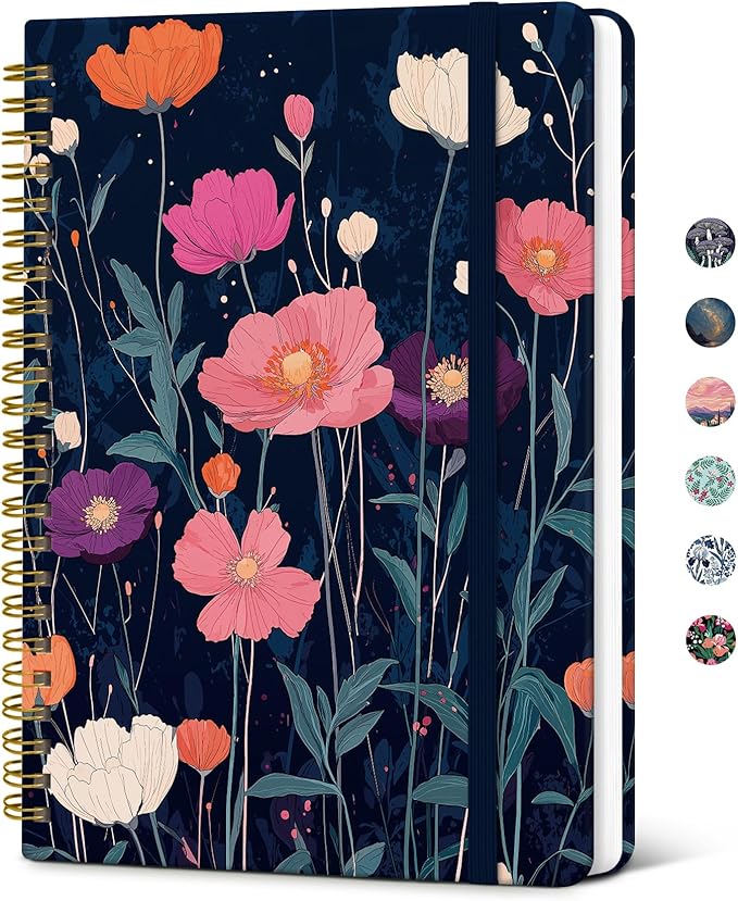 Taja Lined Spiral Journal Notebook for Women, Pretty College Ruled Notebook for Work & Note Taking, A5 Hardcover Journal for Writing, Cute Aesthetic 140 Pages, Starlit Blooms