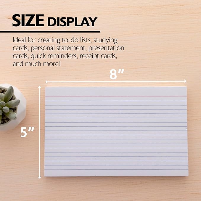 BAZIC Products Ruled Index Cards 5" X 8" 100 Count, White Color Flashcards, Ruled Lined Card for Learning Memory Reminder
