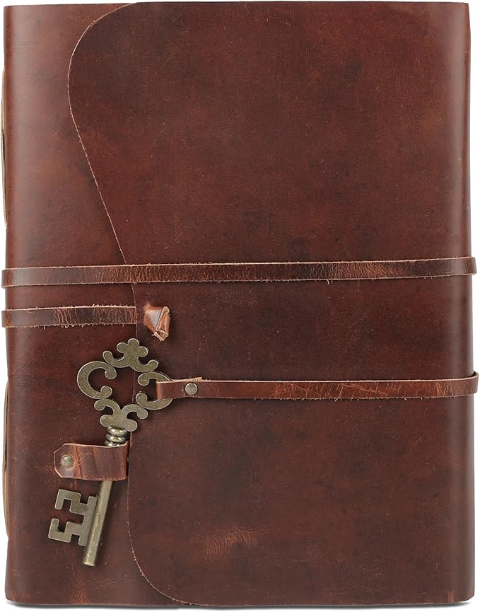 Leather Journal with Deckle Edge Paper 8x6 inch and Vintage Key | Handmade Writing Notebook Diary | Bound Daily Notepad for Men & Women Medium, Sketch/Writing pad for Artists