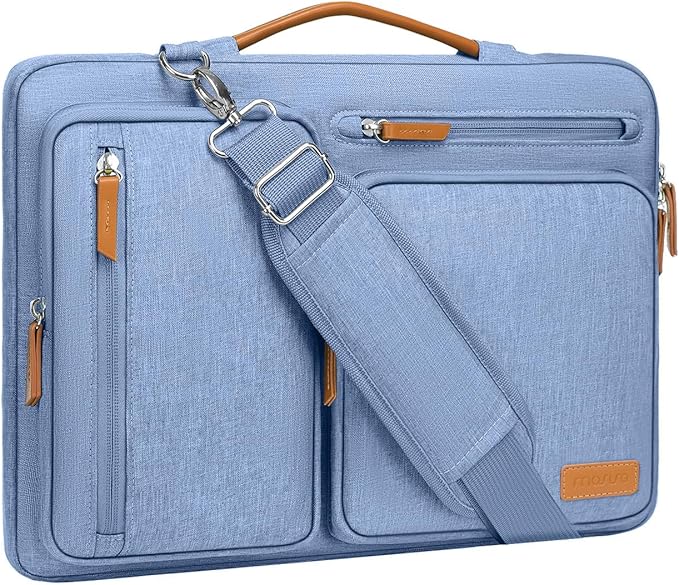 MOSISO 360 Protective Laptop Shoulder Bag,15-15.6 inch Computer Bags Compatible with MacBook Pro 16 inch, HP, Dell, Lenovo, Asus Notebook,Side Open Messenger Bag with 4 Zipper Pockets, Sky Blue