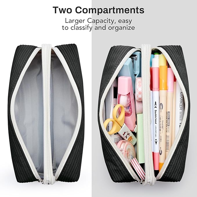KALIDI Large Pencil Case Corduroy Pencil Pouch Box Cute School Supplies for Teen Girls Boys, Black