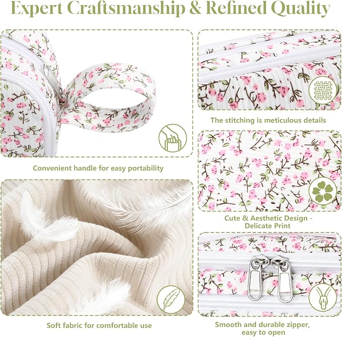 Corduroy Pencil Case, Large Capacity Pencil Pouch with 4 Compartments, Cute Soft Aesthetic Stationery Pen Bag Organizer with Zipper, Portable School Supplies for Teen and Adult Girls, Pink Flower