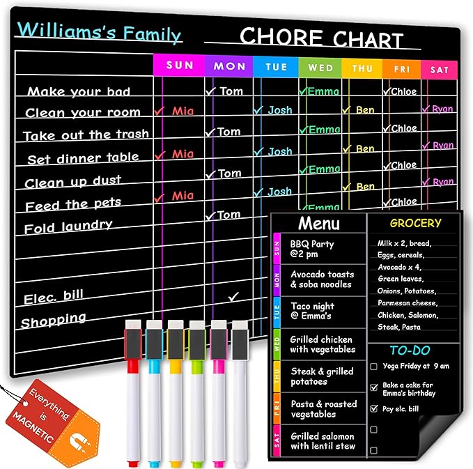 Magnetic Chore Chart Dry Erase Blackboard Set - Pocket Charts - Chores Chart for Multiple Kids, Teens & Adults (11.5"x 15"), Daily Meal Plann (7"x 9") - Family Schedule Planners & 6 Fine Tip Markers
