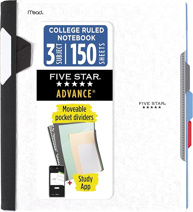 Five Star Advance Spiral Notebook + Study App, 3 Subject, College Ruled Paper, 8-1/2" x 11", 150 Sheets, Spiral Guard, Movable Tabbed Dividers, White (73142)