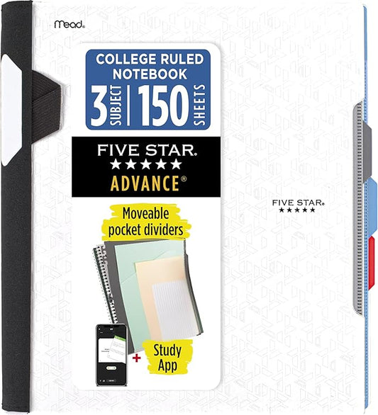 Five Star Advance Spiral Notebook + Study App, 3 Subject, College Ruled Paper, 8-1/2" x 11", 150 Sheets, Spiral Guard, Movable Tabbed Dividers, White (73142)