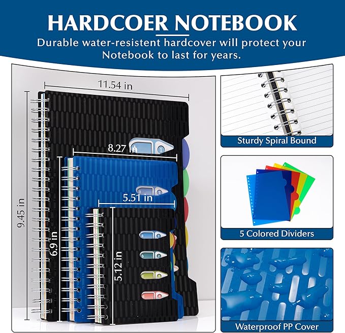 CAGIE 5 Subject Notebook with Dividers 2 Pack, 240 Pages Spiral Notebook 5x7, Small Spiral Notebook College Ruled,100gsm Lined Journal Notebooks with Tabs for Work, School,Office, Note Taking, Blue