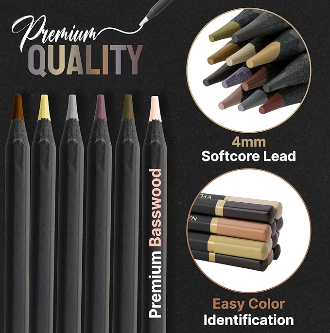 Black Widow Skin Tone Colored Pencils for Adult Coloring Books – 12 Soft Core Color Pencils for Portraits and Skintone Artists – Complete Range with Lightfast Ratings