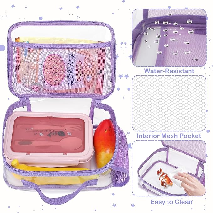 FlowFly Kids Lunch box Insulated Soft Bag Mini Cooler Back to School Thermal Meal Tote Kit for Girls, Boys,ClearPurple