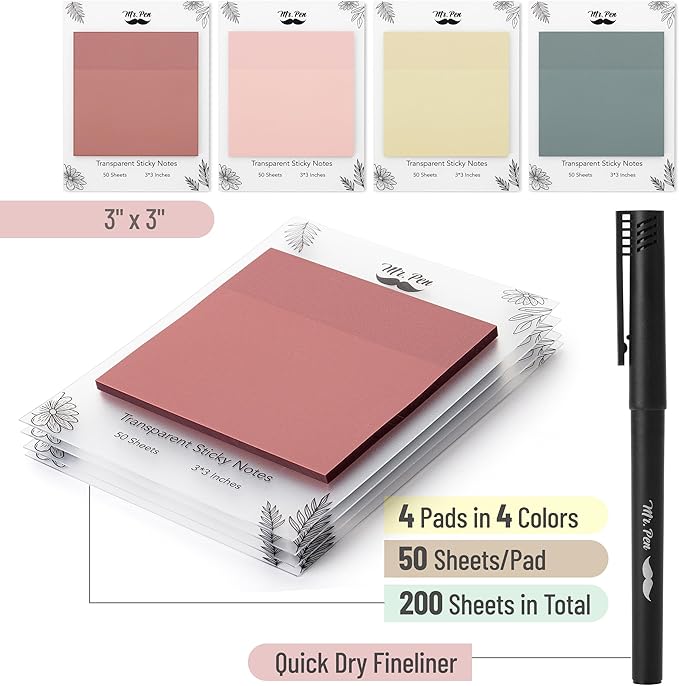 Mr. Pen- Transparent Sticky Notes, 3" x 3", 4 Pads, 200 Sheets, Vintage Colors, See Through Self-Adhesive Notes with Fineliner for Bible Journaling and Studying, Water-Resistant, Clean Removal
