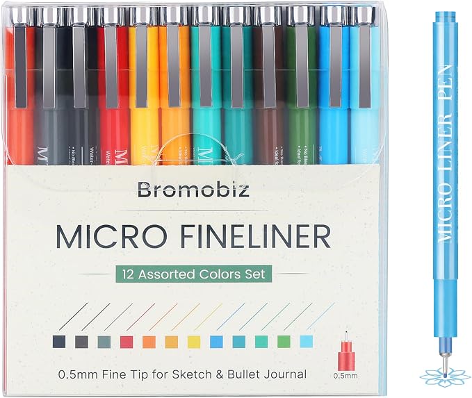 12 Colors Fineliner Pens Set, 0.5mm Fine Point Needle Tip Pens, No Bleed Waterproof Archival Ink for Drawing, Bullet Journal, Bible Journaling, Note Taking