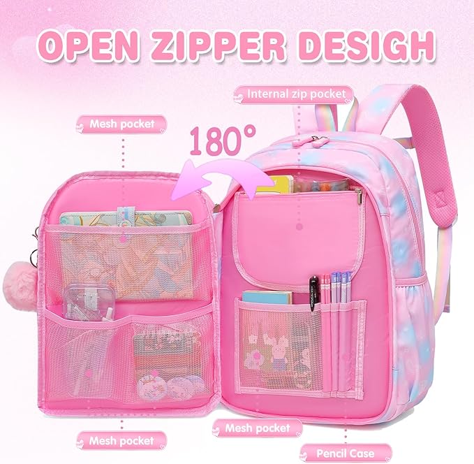 Alrisg Girls Backpack for Kids Elementary Middle School Cute Student Bookbag School Bag Pink Set