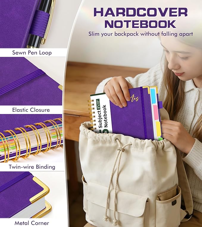 5 Subject Spiral Notebook Journal with Removable Dividers Tabs, 300 Pages Organizer Notebooks for Work School, 8"x10" Hardcover Leather Notebook College Ruled, Large Lined Journal for Women Men,Purple