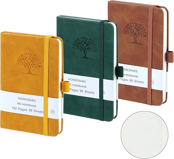 HOMEMARS Small Notebook, Pocket Notebook, 3 Pack, Notebook A6, Blank,3.7" x 5.7"Leather, Brown, Green, Yellow,192 Pages Each, Hardcover, Mini Journal Notepad, Embossing Tree Design