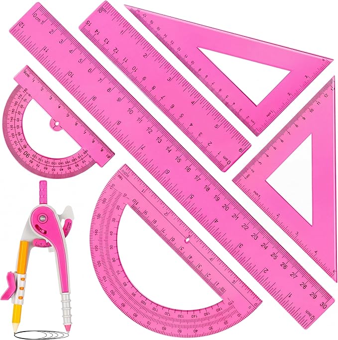 Zonon 1 Set Plastic Geometry Math Set 7 Pcs Includes 6'' / 4 '' Protractor, Drawing Compass, 45/60 Degree Triangle Rulers, 12'' / 6'' Math Ruler Transparent for Office Supplies(Pink)