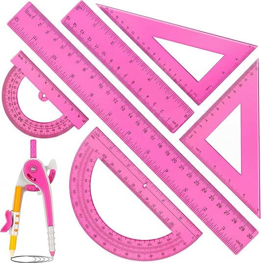 Zonon 1 Set Plastic Geometry Math Set 7 Pcs Includes 6'' / 4 '' Protractor, Drawing Compass, 45/60 Degree Triangle Rulers, 12'' / 6'' Math Ruler Transparent for Office Supplies(Pink)